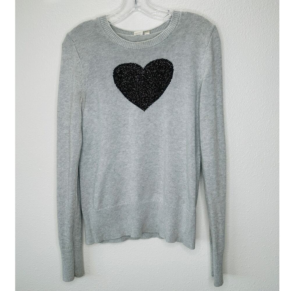Gap Light Gray Metallic Heart Intarsia Crewneck Pullover Long Sleeve Sweater S